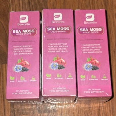 THREE NEW Beworths Sea Moss Liquid Drops - Thyroid & Immune Support -2 Fl Oz Ea.