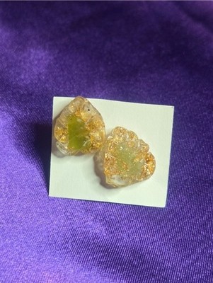 Nephrite Jade Stud Earrings Leaf Shaped Stone Chips In Resin Handmade Gold Foil