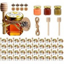 1.5oz 40 Pack Mini Glass Hexagon Canning Jars With Gold Lid, Bee Charms Honeybe