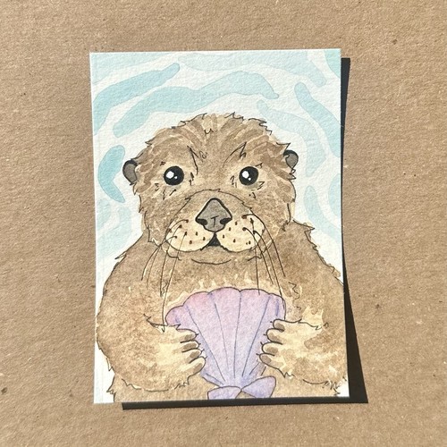 ACEO Original Ocean Marine Animal Otter Watercolor, By Em