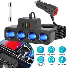 4Way Car Cigarette Lighter Socket Splitter 7-in-1 Fast Charger Power Adapter 12V