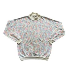 Vintage 90s White Floral Sweatshirt Mock Neck Large