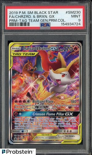 2019 Pokemon SM BSP Tag Team GEN PRM COL #SM230 FA/Charizard & Braixen GX PSA 9