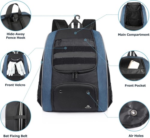 Baseballtasche für Jugendliche und Erwachsene, Softball Rucksack 40L großes Fassungsvermögen, Schlägerrücken - Bild 4 von 9