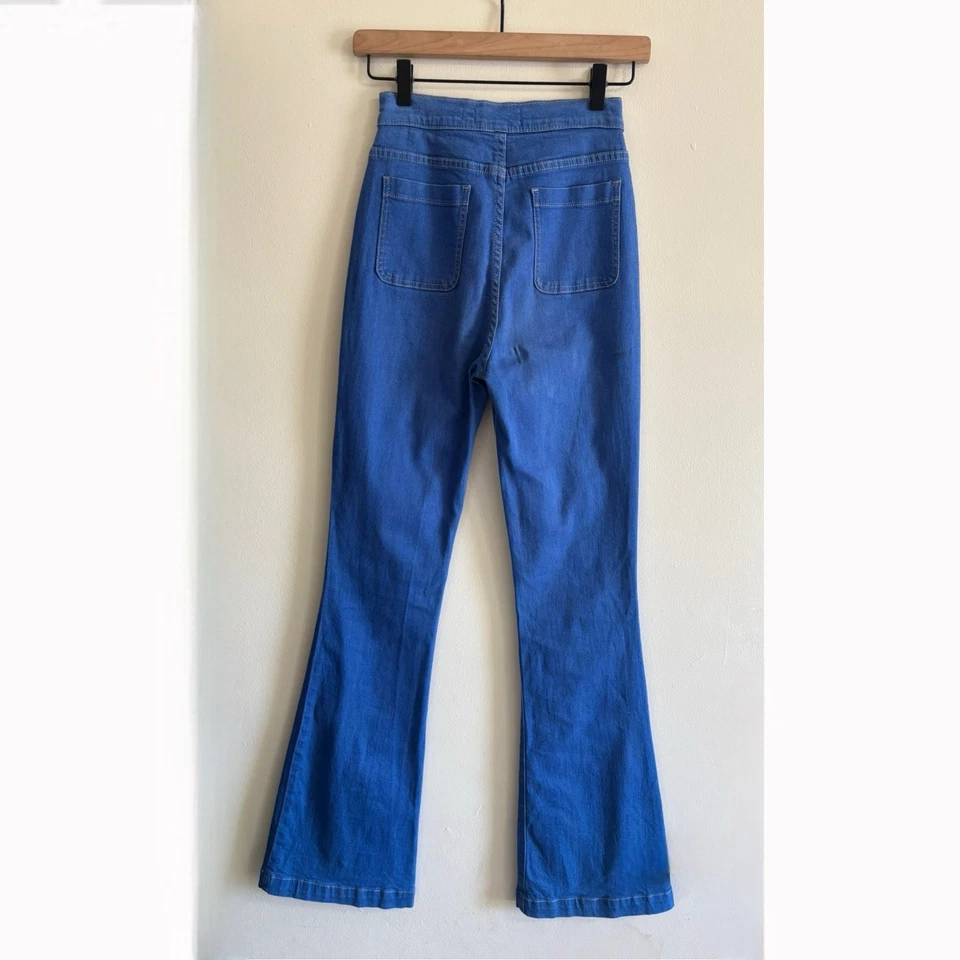 Pantalones de mezclilla Y2K American Apparel cintura alta campana parte inferior botón acampanado azul para mujer 26 Foto 2 de 4