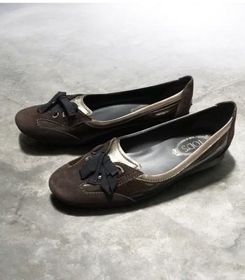 Tod's Driving Shoes Holiday Ballerina Brown Suede Patent Leather Bronze Trim 10