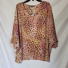 NEW - 2XL - PIXI + IVY Yellow & Pink Animal Print Blouse, V-Neck, Light, Batwing