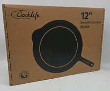 COOKLIFE 12" Inch Smooth Pre-Seasoned Cast Iron Skillet w/ Handle Cover