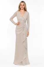 Betsy & Adam Modest Long Sleeve Pleated Metallic V-Neck Gown Gold Ruching  Sz 16