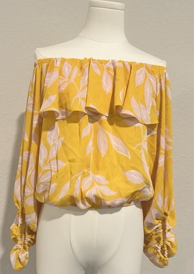 Tyche New Sz L Yellow Pink Ruffled Off-Shoulder Blouse 