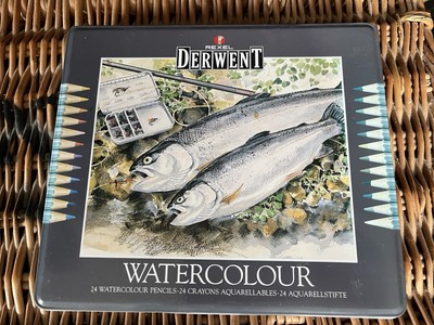 Vintage Derwent Rexel Dose mit 24 Aquarellstiften grauer Schaft