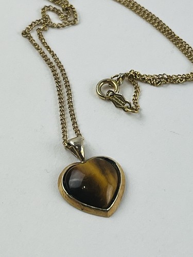 Ciondolo cuore occhio di tigre GF catena oro delicato 1/20 12KT sottile bellissimo vintage 90 - Foto 4 di 16