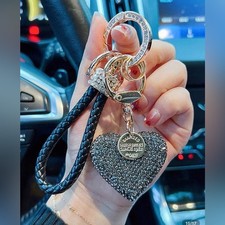 Sparkly Rhinestone Heart Keychain Set Black Gold Includes Tools NWT