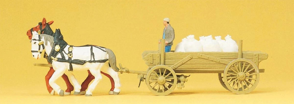 Wagon de ferme miniature Preiser 30470 avec cheval et sacs finition musée