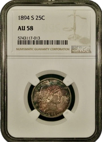 1894 S Barber Quarter NGC AU58 25c Color Toned Beautiful - A48