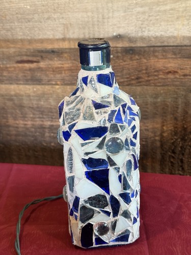 Custom Made Mosaic Glass & Plaster Bottle Lights Up ~9.5” - Picture 2 of 6