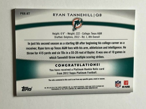 2012 Topps Platinum No.PRR-RT Ryan Tannehill Rookie Jersey 118 - Bild 2 von 2