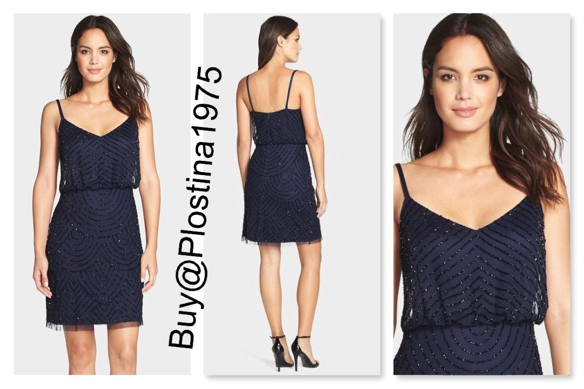 adrianna papell mesh blouson dress Adrianna Papell Sequin Mesh Blouson Dress Navy/Black Size 6 10 12 #D117