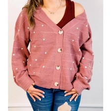LexBrown Womens Oversized Button Front Knit Cardigan Sweater Size M/L Mauve