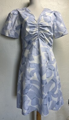 Club Monaco Ruched Front Fit & Flare Shift Dress Sz 2 Geometric Pockets Blue  | eBay