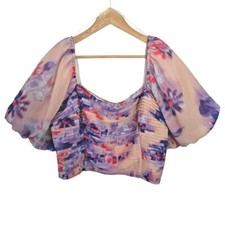 Dynamite Bubble Sleeve Pleated Crop Top Violet Floral XL Smocked Back Blouse