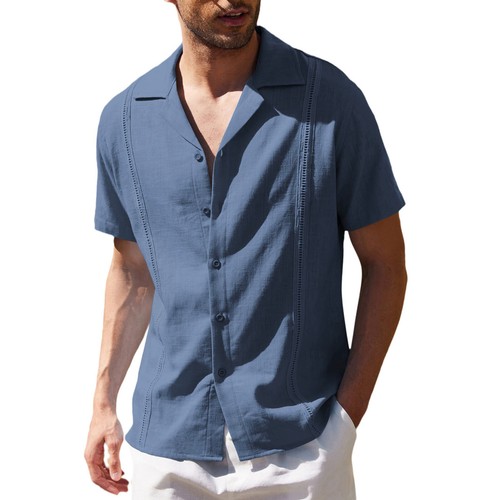 Camisa Top Verano Para Hombre Lino Suelta Informal Color Sólido Botón Cuello en V Manga Corta - Imagen 7 de 42