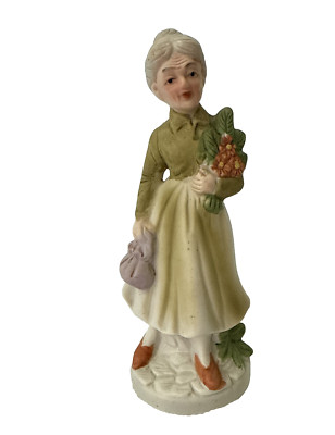 Vintage Flambro Porcelain Village Lady Green Dress w/Flowers & Purse 6.5''