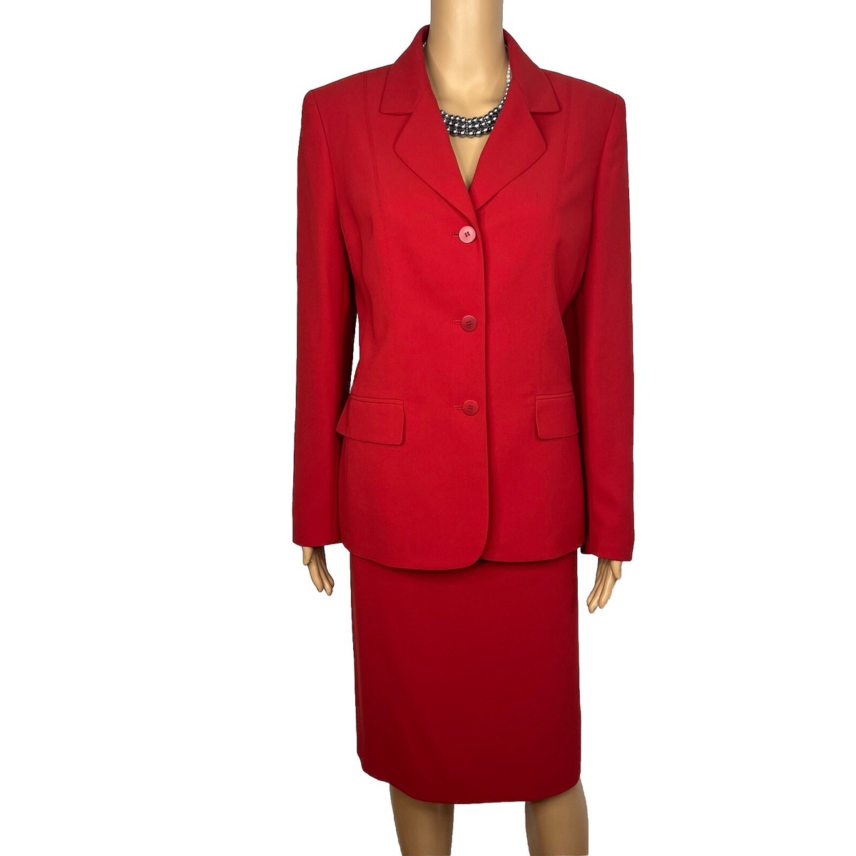 Le Suit Women Polyester Skirt Suit Size 10 Red Lined Notch Collar