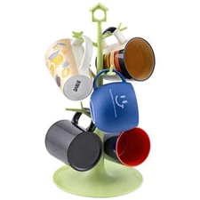 6 Mugs Holder Tree Cups Hanging Stand (Green with Bird & House Sign)