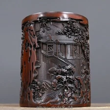 Chinese Antique Old Bamboo Carved Scenery Brush Pot Collection Office Supplies