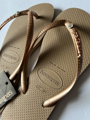 HAVAIANAS SLIM CRYSTAL FLIP FLOPS ROSE GOLD WOMENS SIZE 7/8 NWT - Picture 3 of 13