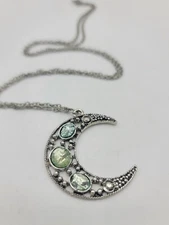 Crescent Moon Pendant Necklace Silver-Tone Filigree Green Glass Stones Boho Goth