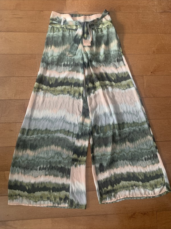 HeartSoul Women's Palazzo Green/Pink Wide Leg Pants/Waist Tie - Size S