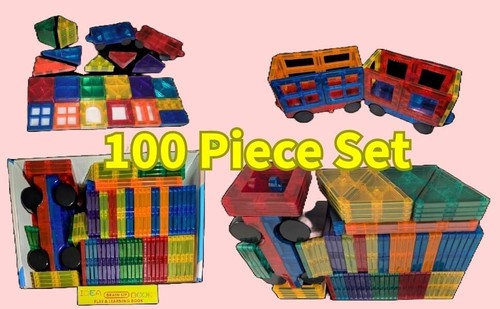 JUMBO SIZE 100 Pieces MAGNETIC TILES BUILDING BLOCKS with 2 TRAIN CARS - Picture 2 of 13
