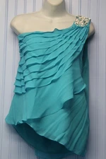 BEBE 100% silk teal one shoulder jewel lined top with layered ruffles Large
