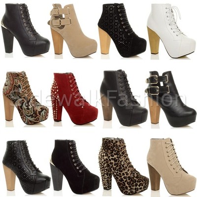 Damen Ladies Holzblock High Heel Plateau Schnürung Reißverschluss Party Stiefeletten Gr.