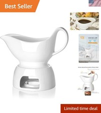 Elegant 17 Oz Dripless Gravy Boat with Warming Stand - Classic White Porcelain
