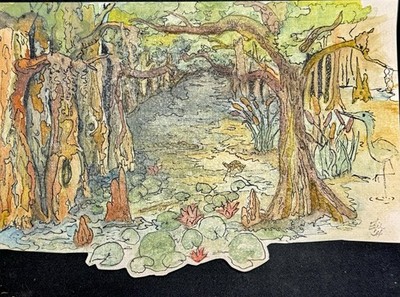 Original Watercolor & Ink   Woodland Stream with Hand-Cut Foreground Detail