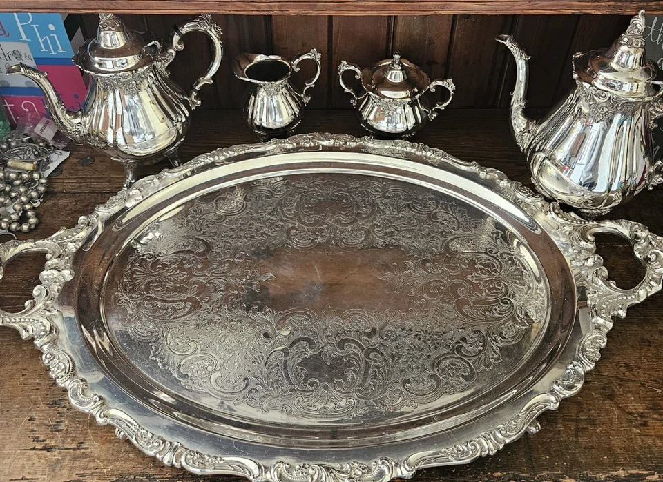 Vintage WALLACE BAROQUE Silverplate Tea & Coffee Service w/Large 29" Tray  - Image 2 of 4