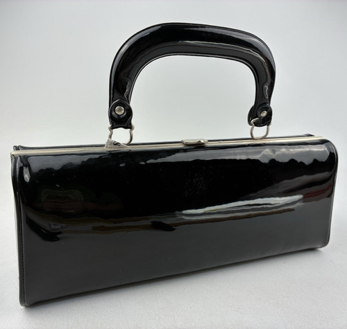 Vintage Mid-Century MCM Black Patent Leather Handbag, Purse  w/ Top Handle 13"