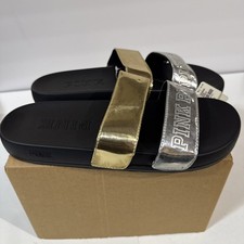 Victoria's Secret Pink Logo Silver Gold Double Straps Slides Large NWT