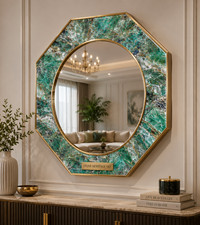 Luxury Green Agate Octagon Wall Mirror | Handmade Natural Gemstone Home Decor