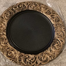 x10 Plastic, Round Charger Plates 13 Black w/gold Engraved Baroque Rim