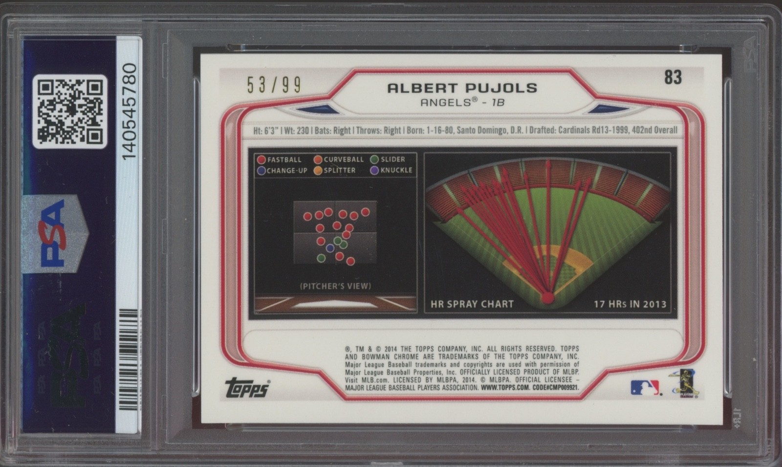 2014 Bowman Chrome Bubbles Refractor #83 Albert Pujols /99 Gem Mint PSA 10 view 2