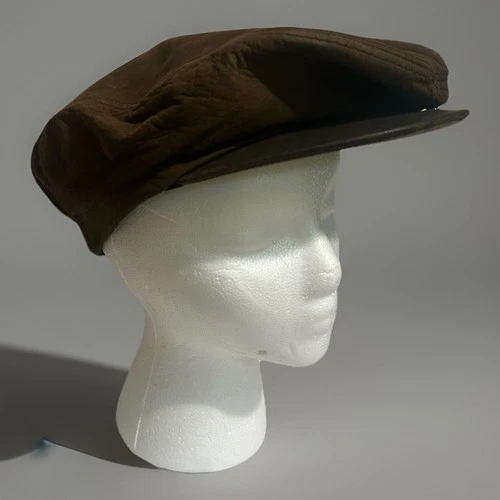 Vintage Adventure Bound Brown Leather Newsboy Cabbie Cap Hat Size L Made in USA