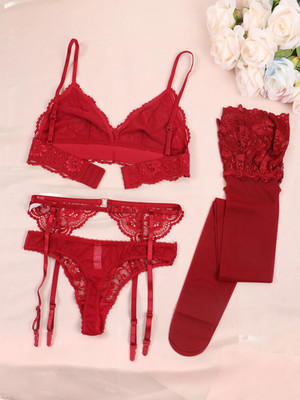 Varsbaby Lace Bra Sets for Women Non-padded Bra Panty Garter Stockings-Red