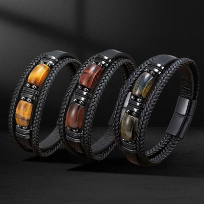 Natural Stone Leather Bracelet Handmade Adjustable Boho Men Women Jewelry
