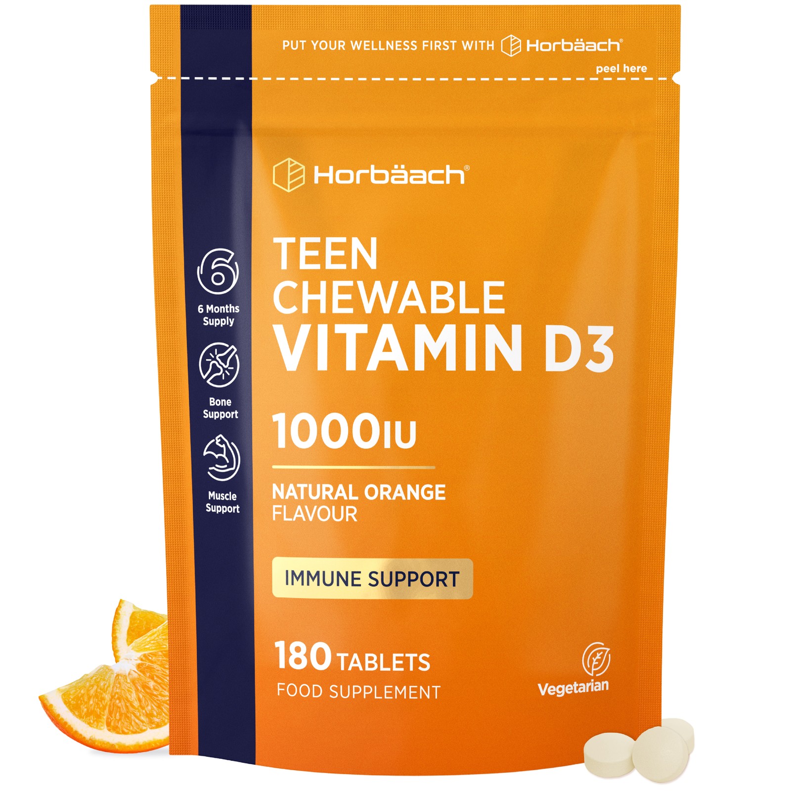 Vitamin D3 1000IU for Teens | 180 Vegetarian Chewable Tablets | By Horbaach