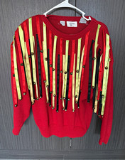 Vintage 1989 Bonnie Bill by Holly Red Jingle Bell Ribbon Holiday Sweater Sz S