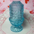 Wilkerson Light Blue Selenium Glow Fine Cut Fenton Mold 2 Piece Glass Fairy Lamp